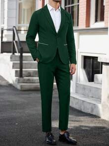Manfinity Mode Men's Emerald Green 2 Pieces Suit: Stylish Blazer & Pants Tuxedo For Formal Occasions For Ceremony Formal - Dark Green - View 5