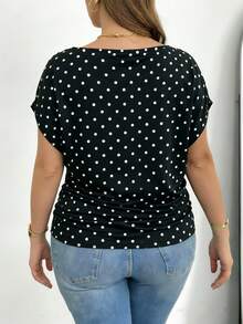 Shapeblank Plus Size Women's Casual Retro Polka Dot Pattern Fabric T-Shirt, Suitable For Summer, Black - Black - View 2