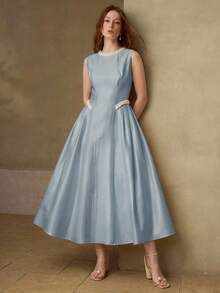 MOTF PREMIUM ELEGANT ROMANTIC FRENCH FASHION DELICATE SLEEVELESS FAUX PEARL RIBBON DECOR WOMEN'S MID-LENGTH DRESS WEDDING FORMAL BIRTHDAY DUSTY BLUE SUMMER - Mint Green - View 6