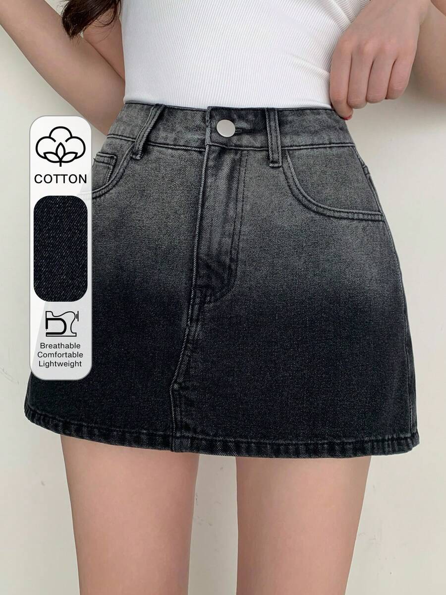 DAZY Pantalón falda de mezclilla versátil y casual con bolsillos en ángulo y efecto degradado para mujer - Negro - Ver 1