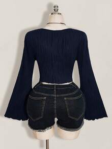 SHEIN ICON Plus Size Women Textured Black Front Tie Top - Navy Blue - View 2