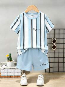 2pcs/Set Young Boy's Casual Striped Print Short Sleeve T-Shirt And Striped Print Shorts, Fashionable And Comfortable, Suitable For Spring/Summer, Photography, Daily Wear, Outings, Street Style, Holidays, Gifts - Multicolor - View 2