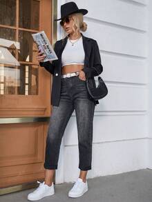 Slaydiva Plus Size Women High Waist Pocketed Tapered Casual Jeans - Black - View 12