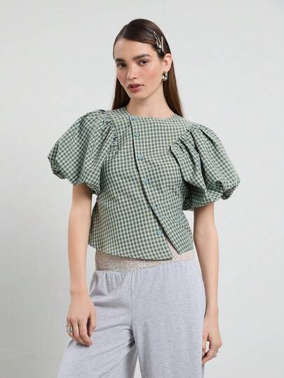 COUREZ Fitted Puff Sleeve Asymmetric Check Shirt /Y2K Summer Outfits For Women Short Sleeve Tops Going Out Outfits Party Tops Festival Outfits Summer Tops Spring Outfits For Women Summer Clothes For Women