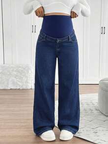 SHEIN Pantalones vaqueros de pierna ancha con cintura elástica para uso diario y comodidad, con estilo casual, elegante y apropiado para diferentes ocasiones como carnaval, vacaciones, graduación, fiesta, boda, negocios y playa, para mujeres embarazadas - Azul - Ver 6