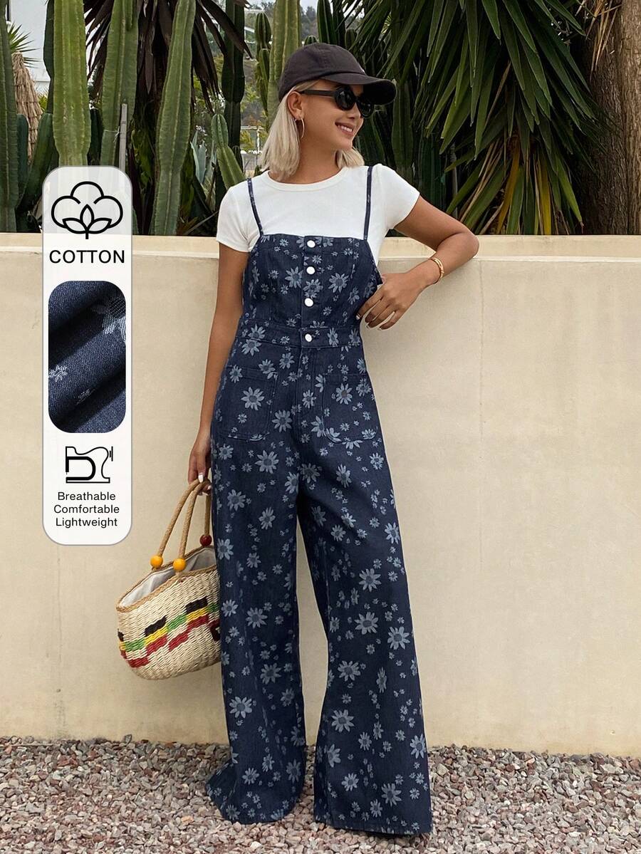 Livesso Women's Casual Ditsy Floral Washed Straight Leg Jeans, Overalls And Jumpsuits, Suitable For Spring And Summer, Vacation And Street Style - Blue - View 1