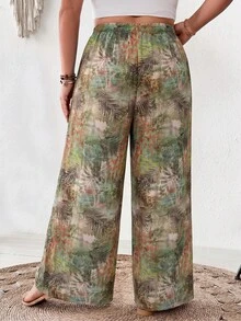 SHEIN CURVE+ Plus Size Women's Tropical Print Beaded Drawstring Waist Loose Lightweight Wide Leg Cover-Up Pants, Summer, Boho, Beach, Holiday - Green - View 2
