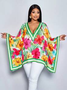 SOLERSUN Women's Summer Beach Vacation Style Tropical Print Loose V Neck Batwing Sleeve Blouse,Resort Tropical Vacations - Green - View 4