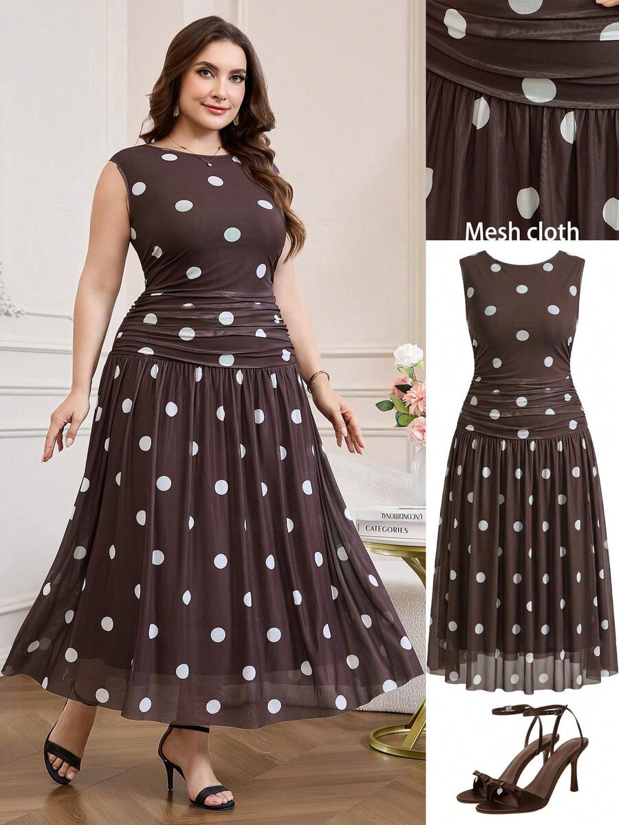 SHEIN Clasi Robe élégante à pois pour femmes grandes tailles, robe d'été fluide en maille extensible