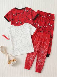 SHEIN 2pcs/Set Young Boy Red Pattern Casual Minimalist Tight-Fitting Comfortable Thick Short Sleeve Round Neck Pants Pajamas, Suitable For Spring/Summer - Red - View 3