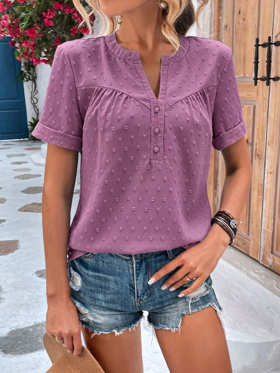 EMERY ROSE Solid Color Notched Collar Casual Short Sleeve Shirt, Summer - Purple - View 1
