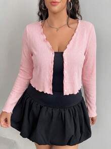 SHEIN EZwear 大码女式粉色单排扣长袖T恤 - 粉色 - 查看 3