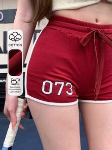 DAZY Spring & Summer White Ribbon Letter Print Sporty Leggings, Slim Fit Jersey Casual Vacation Straight Leg Red Shorts For Women Y2k - Red - View 1