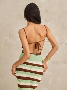 SHEIN Tall Đầm dệt kim móc mới cho nữ mùa xuân/hè, đầm nghỉ mát kiểu bohemian kẻ sọc hở lưng chéo, đầm thanh lịch dành cho quý cô. - Nhiều màu - Xem 2