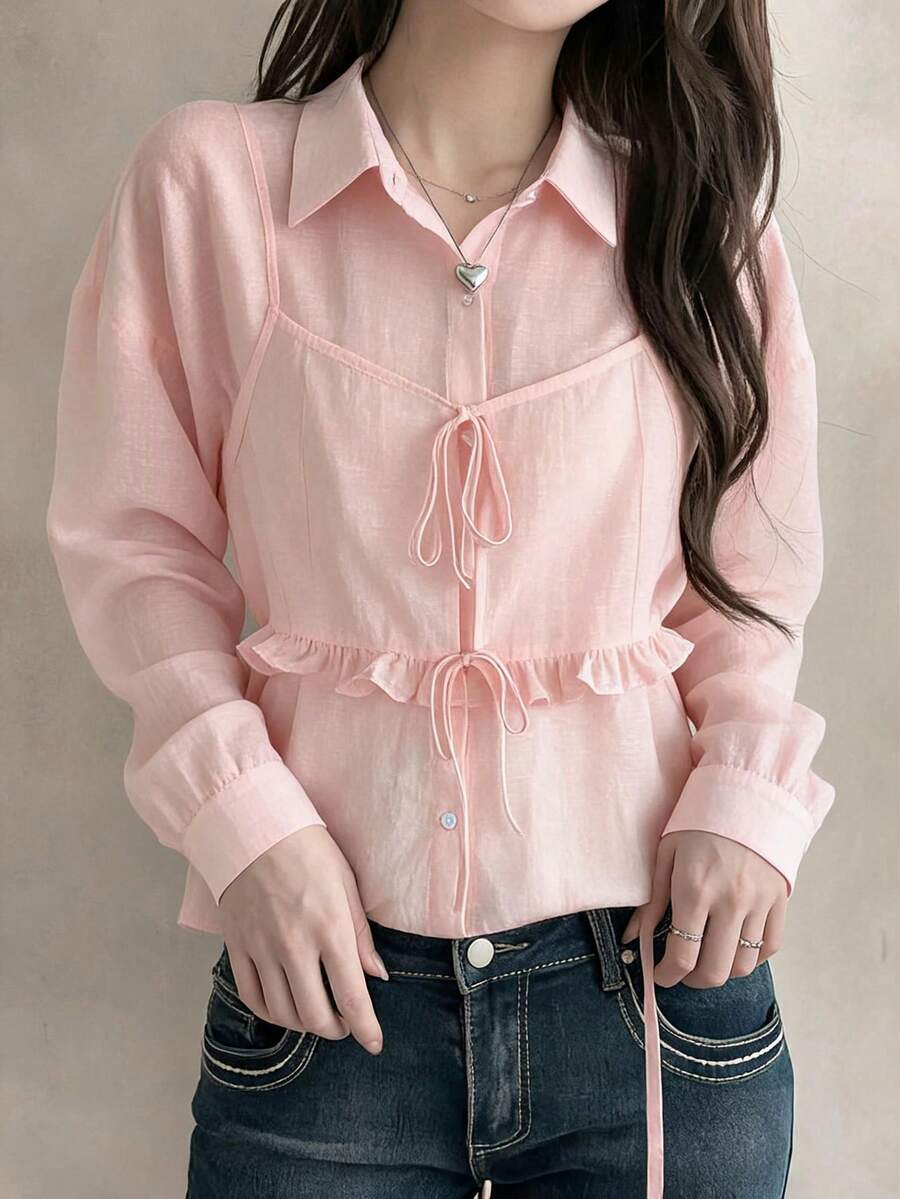 DAZY Women's Solid Color Loose Ruffled Tie-Front Camisole 2 In 1 Long Sleeve Collared Casual Sexy Vacation Blouse Golf Pastal Autumn - Pink - View 1