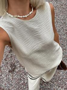 Livesso Women's Sage Green Round Neck Camisole And Pants Casual 2 Pieces Set Vacation Summer - Apricot - View 6