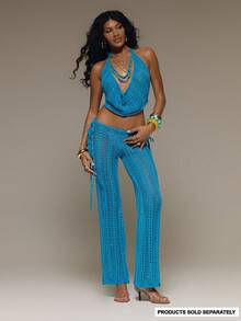MUSERA Pantalones rectos de pierna con lazo lateral, de punto con lentejuelas, para vacaciones de verano, festivales, raves, playa y carnaval - Azul - Ver 2