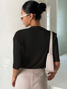 DAZY Camiseta De Punto Acanalado Sólido - Negro - Ver 2