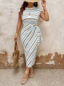 EMERY ROSE Plus Size Striped Color Block Vacation Casual Dress With Cinched Waist Belt Maxi Women Outfit - Multicolor - View 3