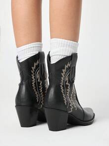 ROMWE Fairycore 2026 New Women's Small Square Toe Solid Color Thick Heel Fashion Sleeve Ankle Boots Western Boots And Ankle Boots - Black - View 5