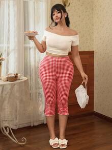 CovetEZ Quần legging lửng 7/8 kẻ caro dáng ôm dành cho nữ cỡ lớn, đa năng, thích hợp mặc hàng ngày. - Đỏ - Xem 5