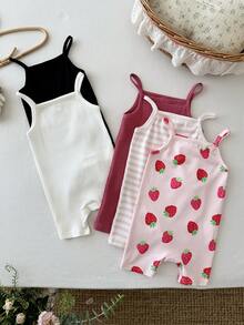 SHEIN Bộ 5 món áo liền quần dệt kim màu trơn kẻ sọc họa tiết dâu tây cho bé gái - Nhiều màu - Xem 5