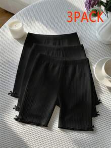 SHEIN LMoss Tween Girl Tween Girl Multi-Pack Solid Color Knit Cycling Leggings - Black - View 4