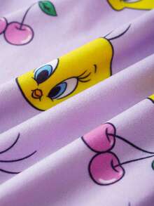 LOONEY TUNES X SHEIN Conjunto de pijama de ajuste ceñido con camiseta de manga larga y pantalones con estampado de Tweety Bird y cerezas, diseño lindo y dulce para niña bebé - Morado - Ver 7