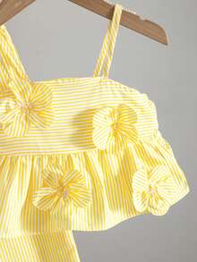 Babygirl Cute Vacation Casual Striped Bow Decor Camisole & Elastic Waist Pants Set - Yellow - View 3