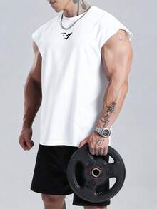 GymBeat 男士圖案印花寬鬆版型無袖背心，適合夏季、健身房、度假 - 白色 - 查看 3