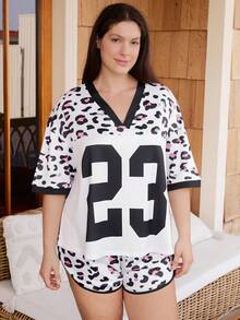 Doze Lane Plus Size Women Casual Leopard Print Digit Pattern Pajama Set - Multicolor - View 1