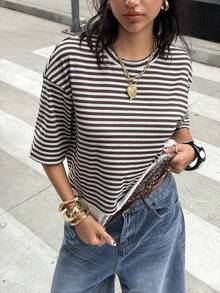 Muchica Brown Stripe Stripe Knit Patchwork Satin Lace Women T-Shirt Everyday Summer Casual Streetwear Back-To-School Student Daily - Multicolor - View 4