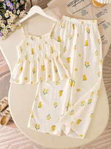 SHEIN Elladie kids 女童杏色碎花蝴蝶结吊带背心和直筒裤夏季度假休闲套装，优雅又充满女人味 - 米色 - 查看 4