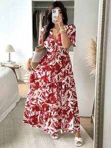 Vionelle Plus Size V-Neck Short Sleeve Floral Print Dress - Red - View 5