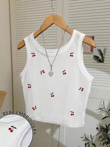 Resyla Áo tank top cổ tròn ôm sát, thêu hoa anh đào toàn bộ, cỡ lớn. - trắng - Xem 1
