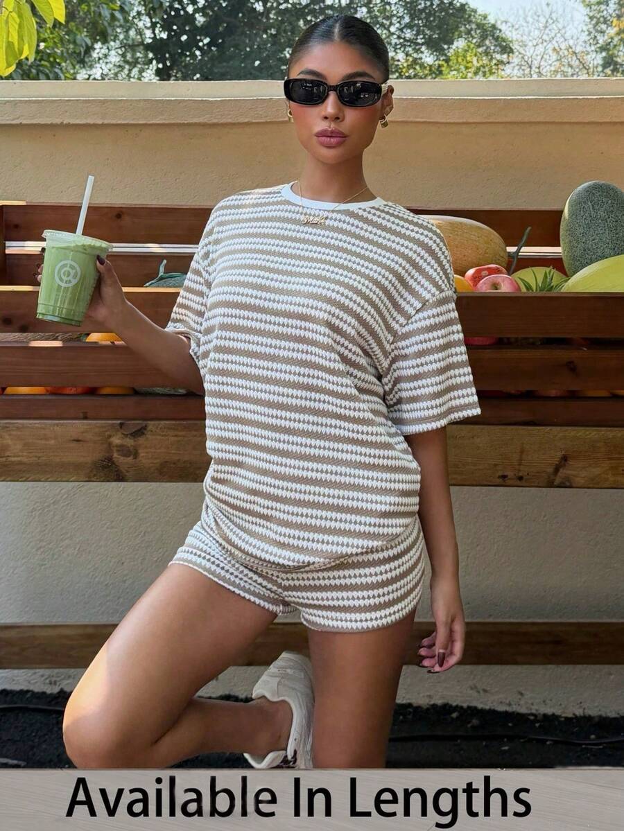 SHEIN PETITE CURVE Plus Size 2PCS Women's Loose Striped Round Neck T-Shirt And Elastic Waist Pants, Brown, Summer, Basic, Casual, Vacation Loungewear Faux Sweater Gym - Multicolor - View 1