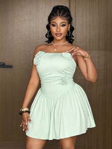 Maweii Plus Size Women's Brown,Summer,Elegant,Wedding Gym Guest Strapless Dress,3D Floral Pleated Slim Fit Short Dress,Beach Party Vacation Style - Mint Green - View 5