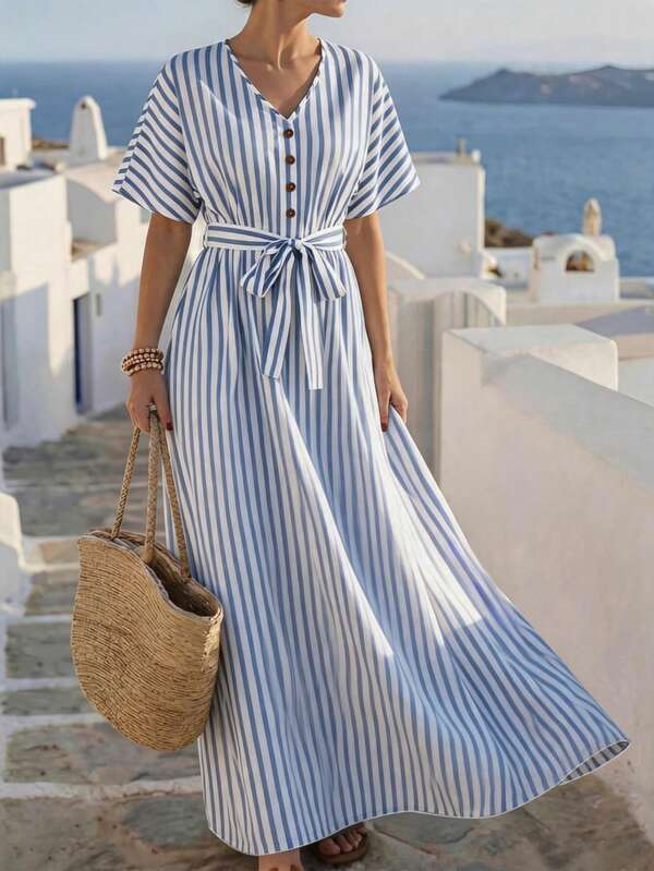 Balvessa Women's V-Neck Short Sleeve Belted Fitted Dress With Bow Tie, Button Pockets, Blue And White Striped, 3/4 Sleeve Maxi Dress, Suitable For Cruise, Festivals, Beach Vacation, Music Festivals, Boho Style, Back To School, Weddings, Teacher's Day, Mother's Day, All Seasons, Sexy Beach Club Outfit, Havana Night, Beach Dinner