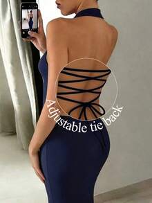 INAWLY Solva Gaun Maxi Wanita Model Halter Berkerah V Dalam Tanpa Punggung dengan Belahan Tinggi - Biru - View 8
