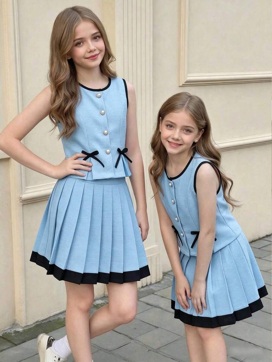 Elladie kids 两件套少女蝴蝶结装饰吊带背心和百褶裙套装，适合春夏外出和度假。 - 藍色 - 查看 1