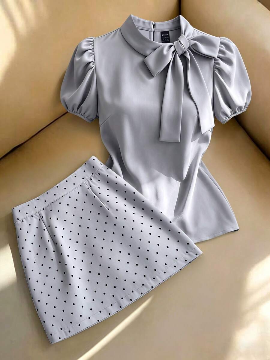 SHEIN Franclia 女士优雅打结领花瓣袖上衣和波点半裙套装，夏季时尚通勤装 - 灰色 - 查看 1