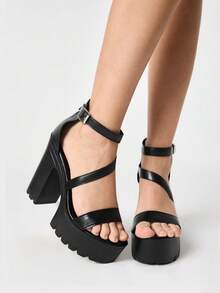 ROMWE Damen Mode sexy schwarze und rote Zweifarbige Peep Zehen Offene Zehensandalen mit hohem Absatz, Punk Stil Gothic Eleganz Kreuzgurt Metall Quadratische Schnalle Elastischer Knöchelriemen Reißverschluss Geschlossenes Design Schlüpfen, Dicker Absatz Frühling Sommer Nachtclub Party Festival Damenschuhe Sommerschuhe - Schwarz - Übersicht 4