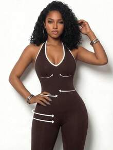 BamGleam Bộ jumpsuit ôm sát gợi cảm không đường may SHEIN, kiểu cổ yếm hở lưng, cổ chữ V sâu. - Màu nâu  Mocha - Xem 4