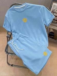 2pcs/Set Tween Boys' Casual Round Neck Short Sleeve T-Shirt And Shorts Set, Suitable For Commuting, School, Daily Casual Wear, Sports, Spring/Summer - Baby Blue - View 3