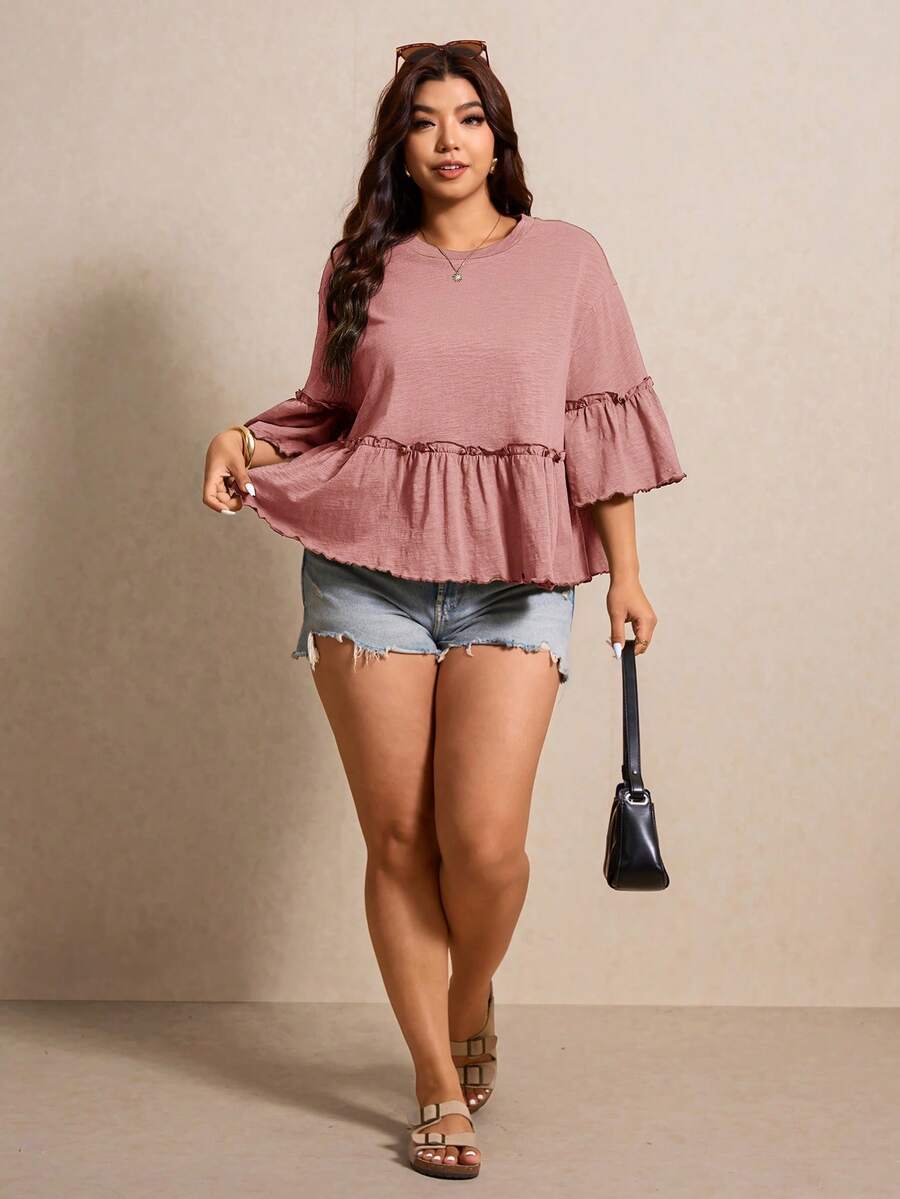 Elaquor Plus Size Solid Color Loose Fit Ruffle Trim T-Shirt - Dusty Pink - View 1