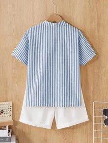 SHEIN Vintaside Kids 青少年男童通勤休闲条纹纹理立领衬衫和条纹短裤两件套，舒适时尚 - 彩色 - 查看 2