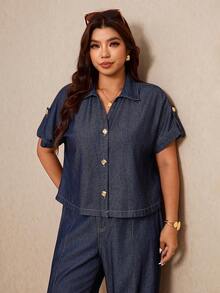 Elaquor 大码女式夏季休闲衬衫和裤子两件套 - 藍色 - 查看 9