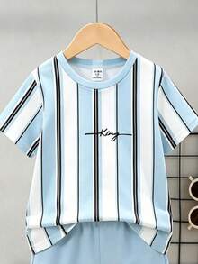 2pcs/Set Young Boy's Casual Striped Print Short Sleeve T-Shirt And Striped Print Shorts, Fashionable And Comfortable, Suitable For Spring/Summer, Photography, Daily Wear, Outings, Street Style, Holidays, Gifts - Multicolor - View 3