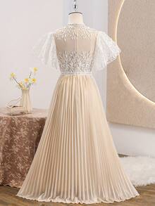 Teen Girls' Fashion Embroidered Mesh Flutter Sleeve Pleated Hem Dress,Summer Elegant Beige Lace Insert Puffy Long Party Dress For Graduation,Wedding - Apricot - View 3