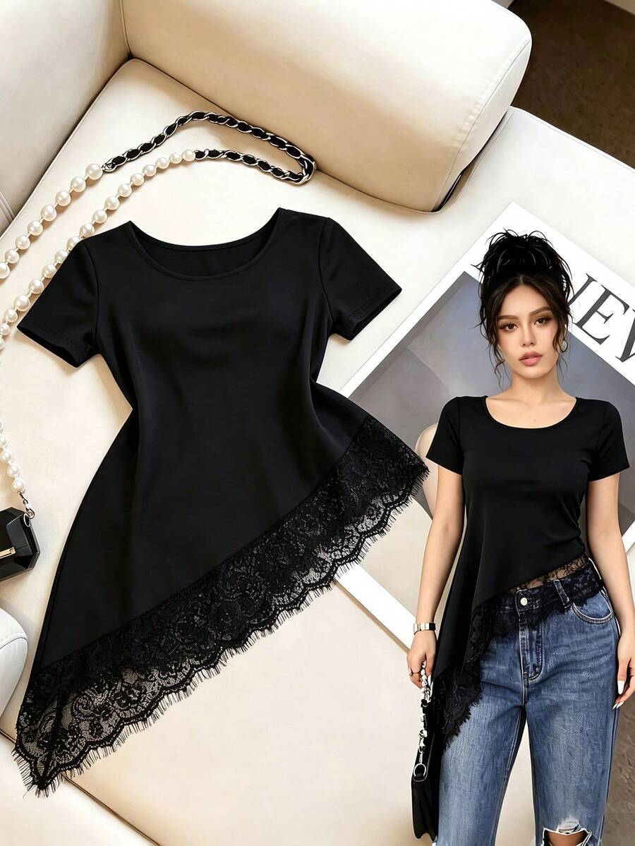 SHEIN Clasi 女款夏季黑色優雅夜出上衣,不對稱下擺蕾絲飾邊襯衫,短袖優雅蕾絲裝飾,派對雞尾酒會正式商務休閒 - 黑色 - 查看 1